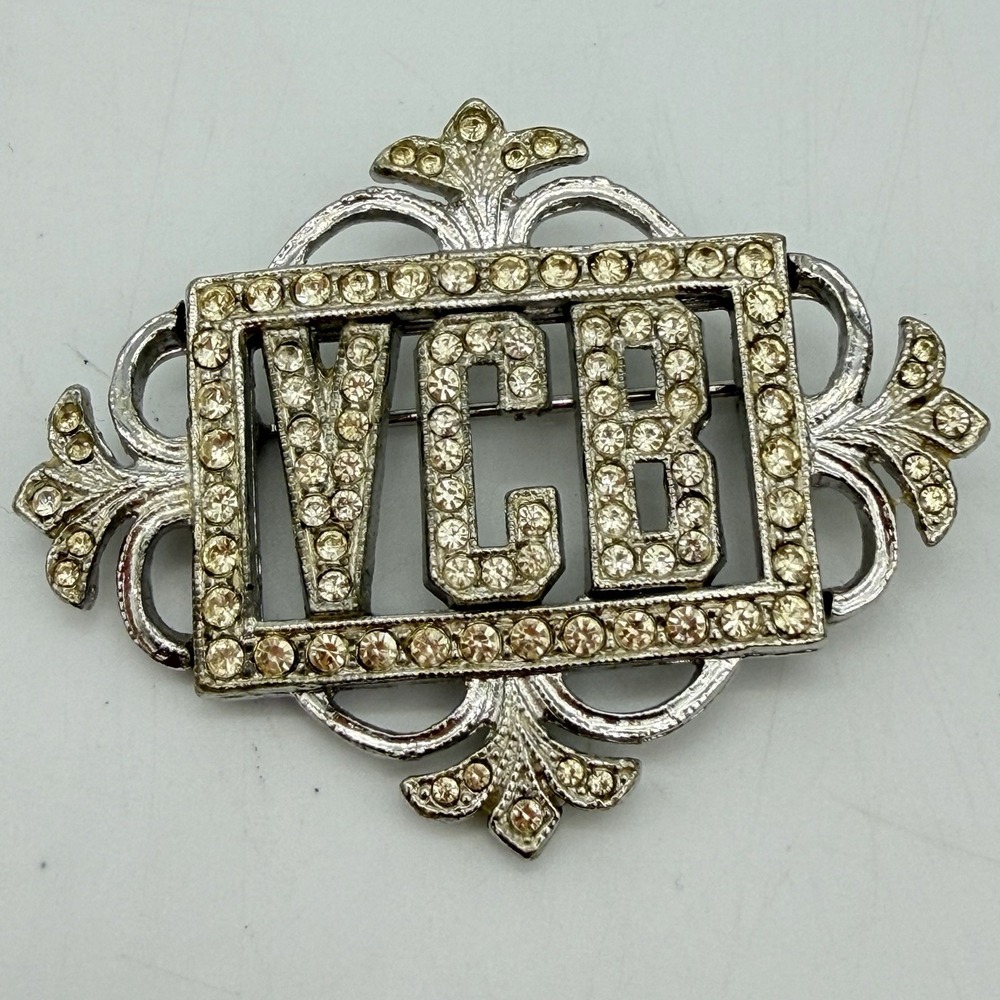 Vintage ORA Signed Clear Rhinestone Ornate Initial Brooch VCB Silver Tone Deco